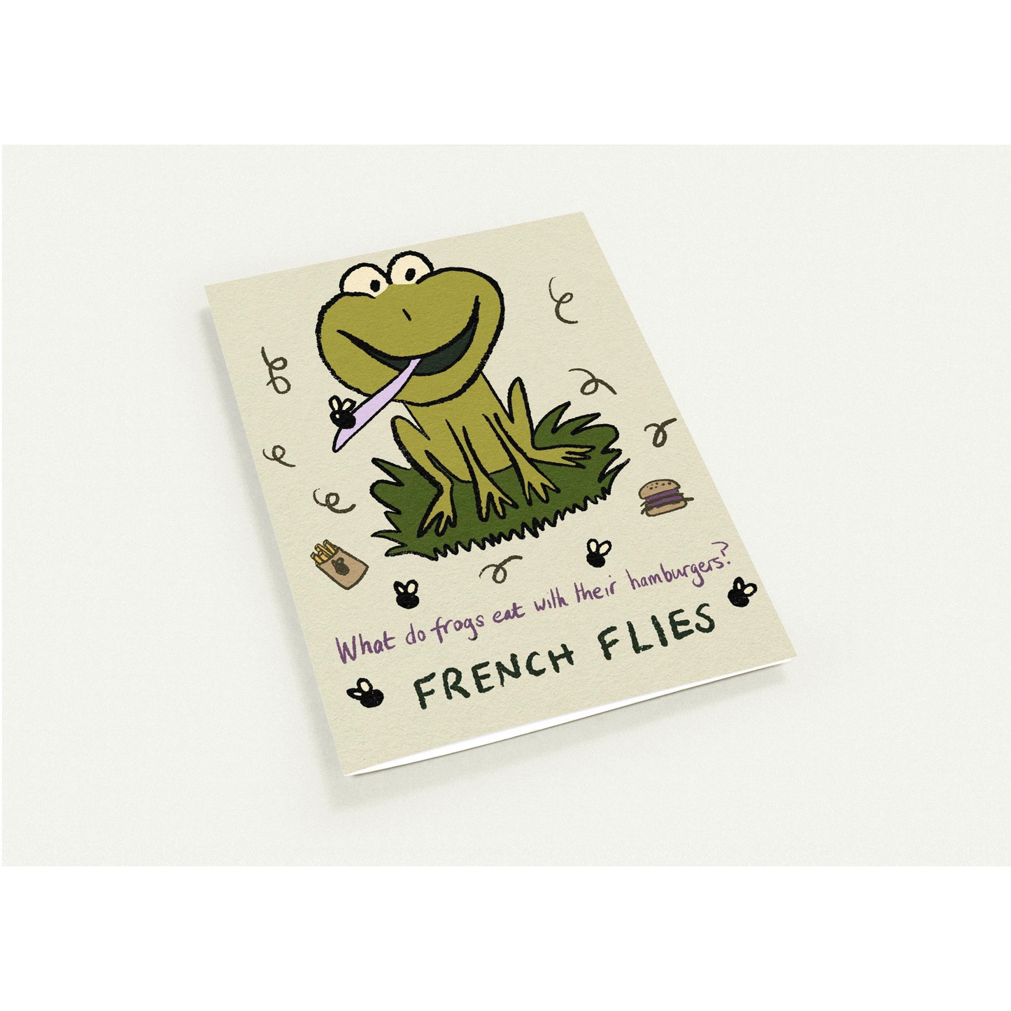 Mr Froggy French Flies funny birthday card pack featuring adorable frog with hilarious food pun, pack of 10 greeting cards with envelopes