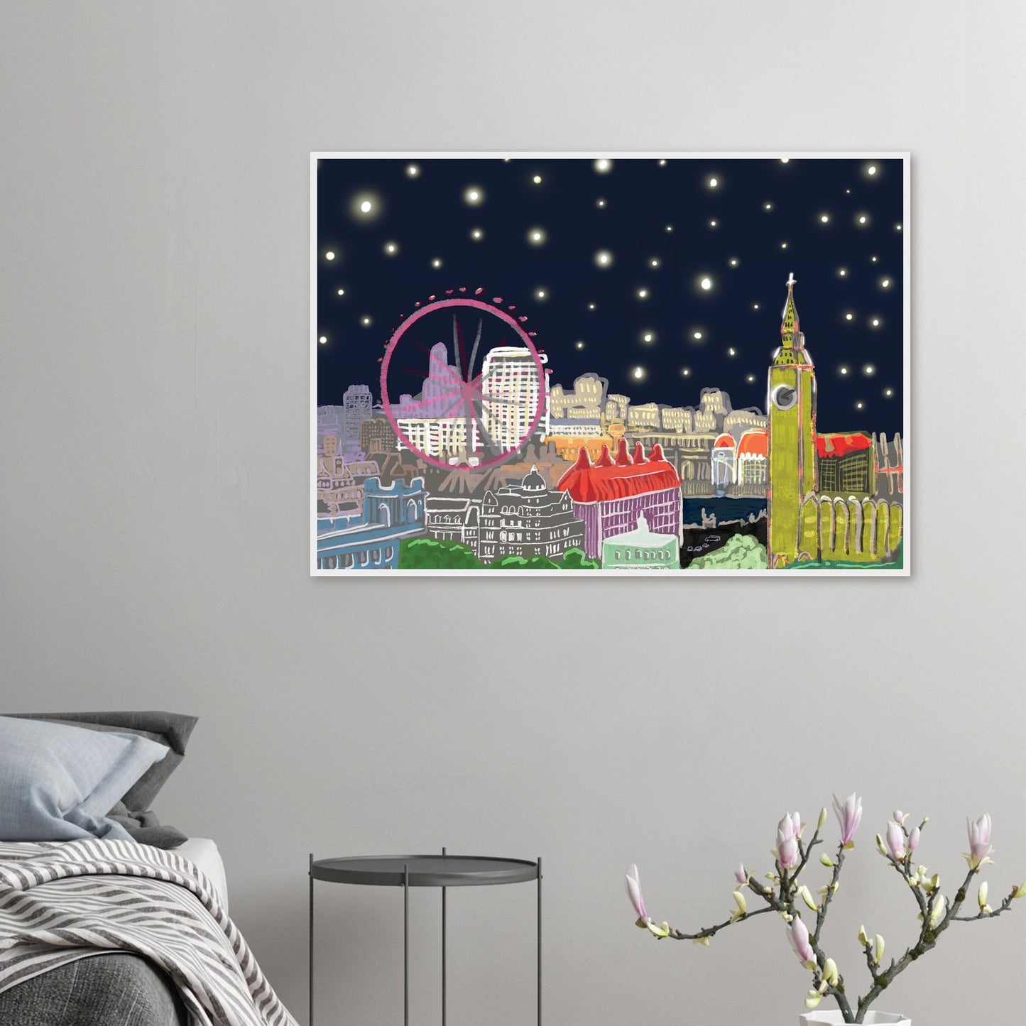 Starry London Skies art print showing iconic London landmarks under a magical starry night sky in wooden frame - on a bedroom wall beside flowers
