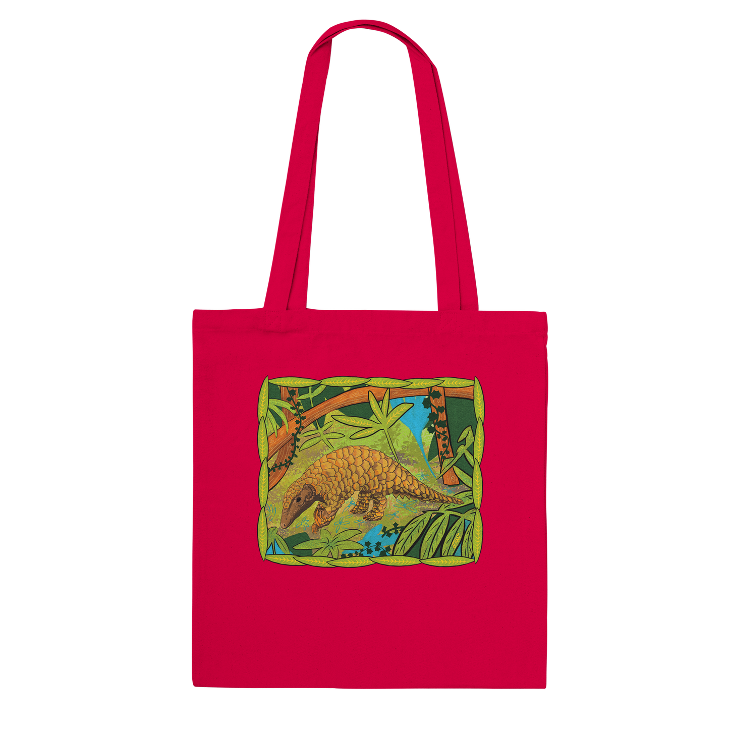 Reusable shopping bag - red - with pangolin design for wildlife conservation
