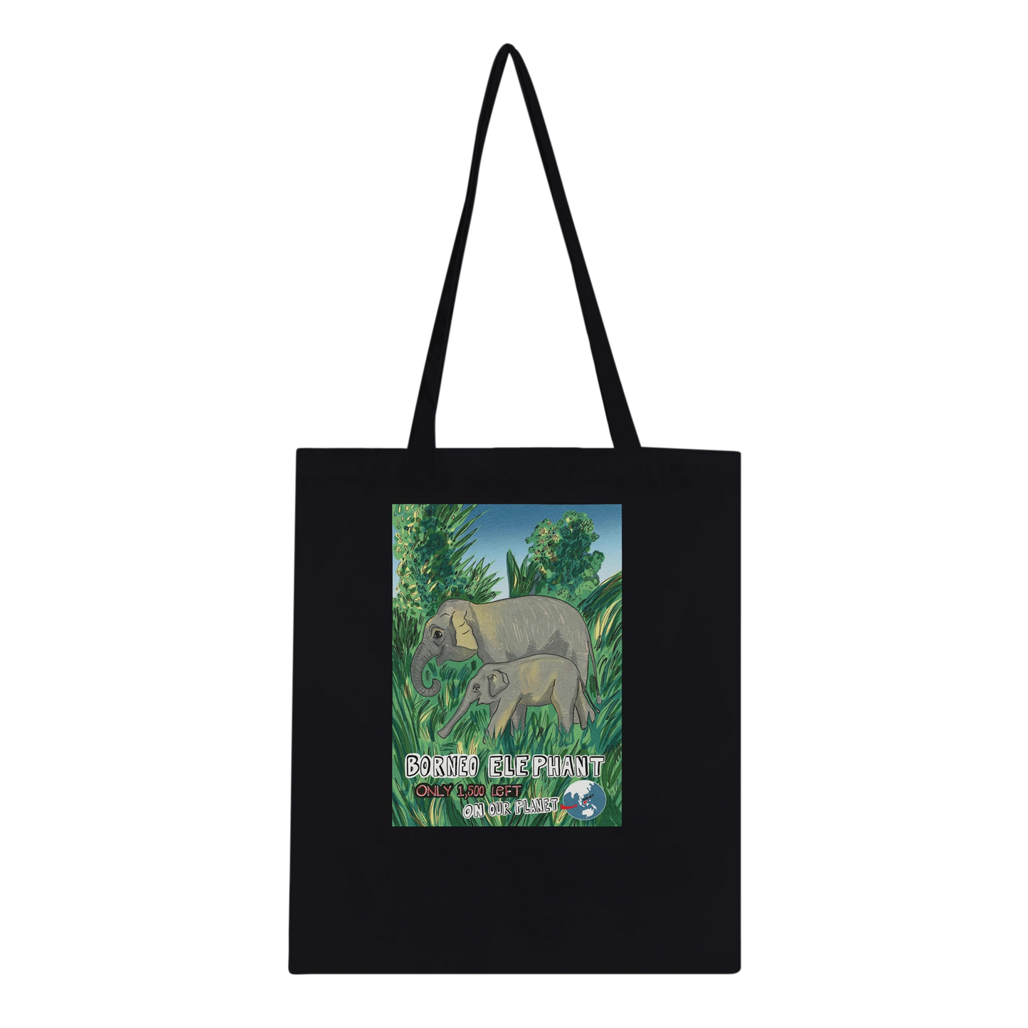 Borneo elephant tote bag from Endangered Animals Collection featuring beautiful pygmy elephant illustration, eco-friendly cotton bag for wildlife conservation supporters