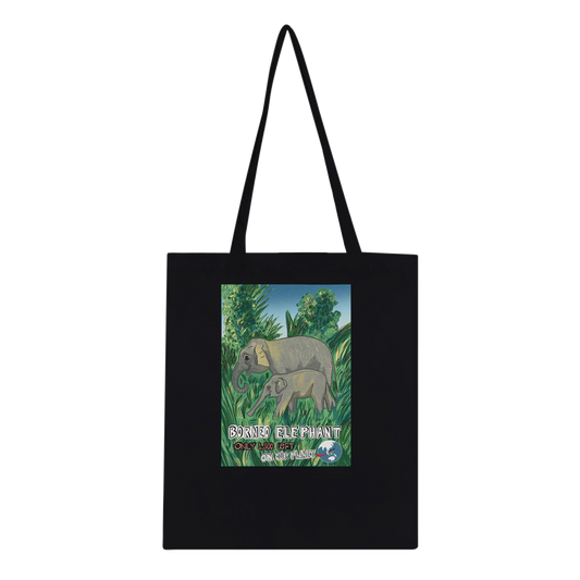 Borneo elephant tote bag from Endangered Animals Collection featuring beautiful pygmy elephant illustration, eco-friendly cotton bag for wildlife conservation supporters