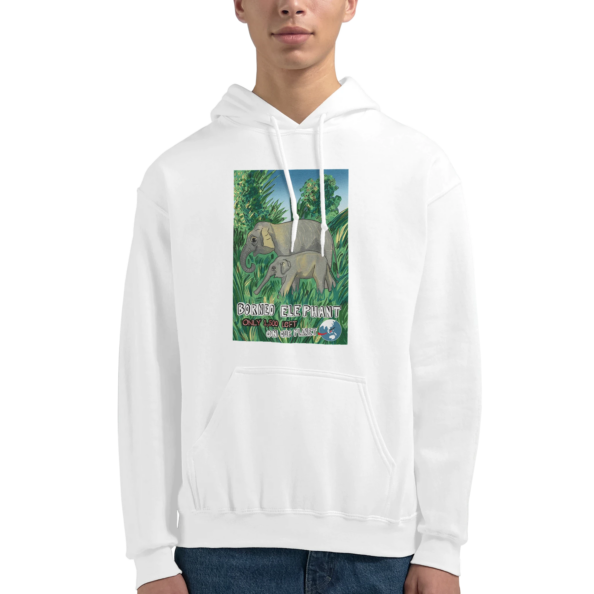 Borneo pygmy elephant hoodie from Endangered Animals Series featuring beautiful elephant illustration, cozy pullover for wildlife conservation supporters, available in various colours