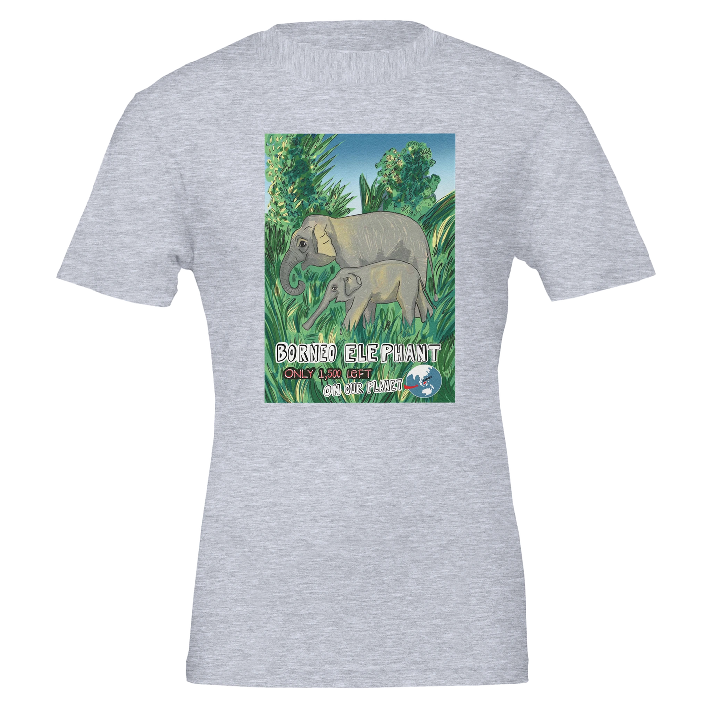 Borneo pygmy elephant t-shirt from Endangered Animal Series featuring beautiful elephant illustration, premium unisex crewneck for wildlife conservation supporters