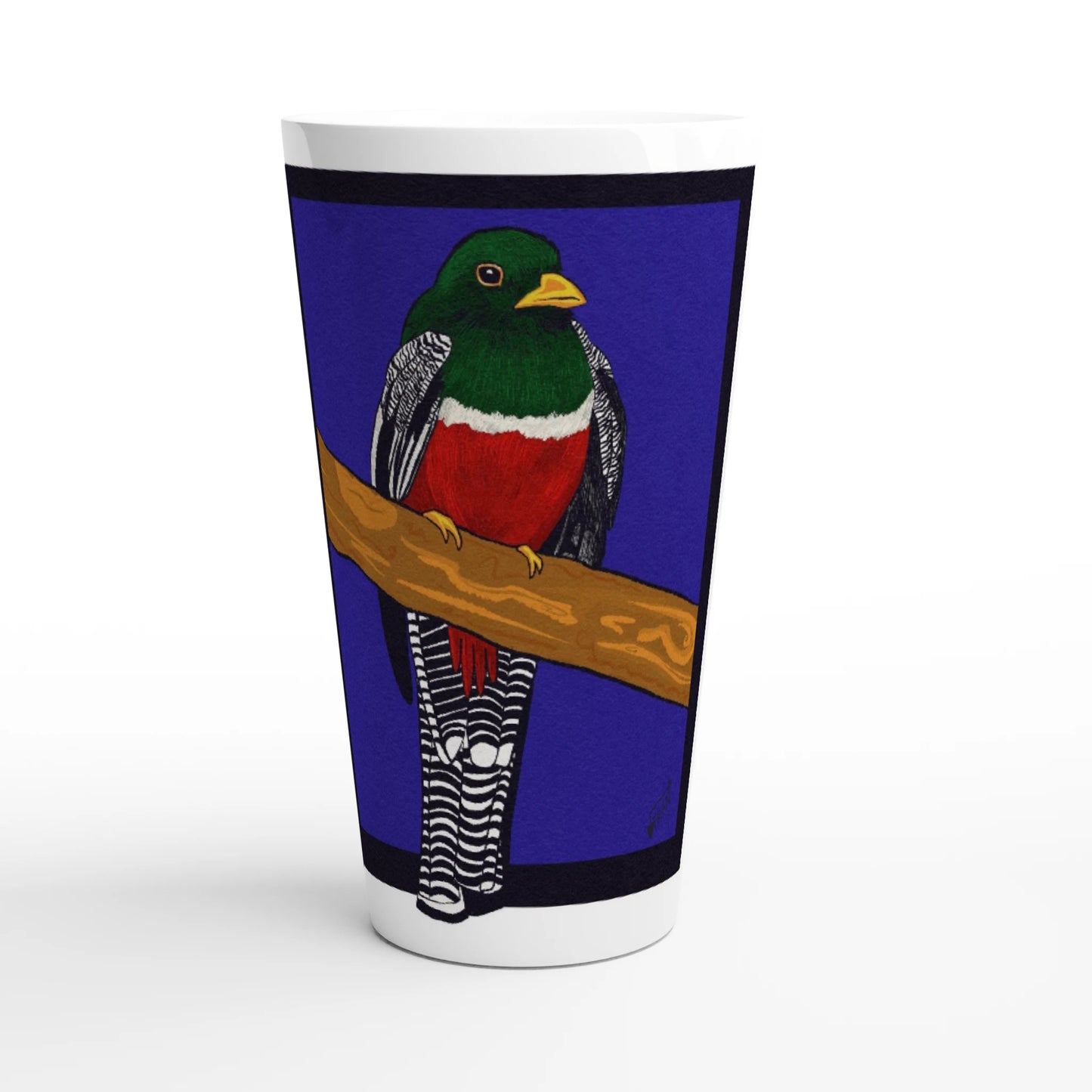Collared Trogon latte mug 17oz ceramic coffee mug featuring vibrant hand-drawn tropical bird with emerald-green and red plumage