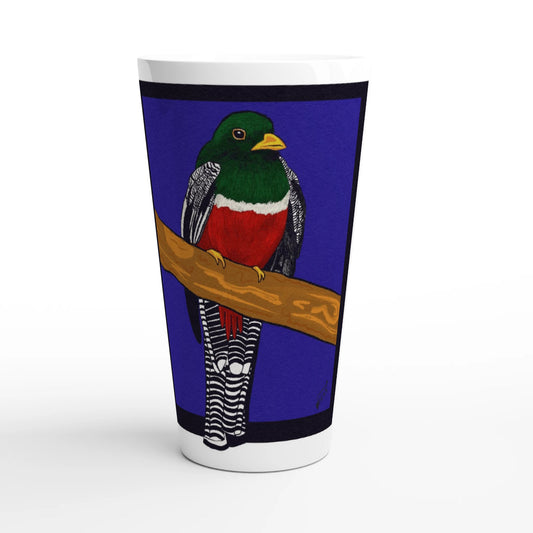Collared Trogon latte mug 17oz ceramic coffee mug featuring vibrant hand-drawn tropical bird with emerald-green and red plumage