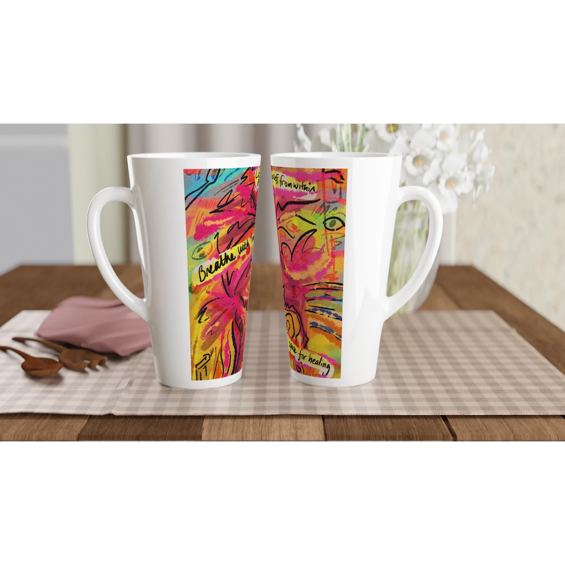 From Stillness abstract art latte mug 17oz by Fran Marcellin featuring soulful contemplative design, white ceramic mug for mindful coffee rituals and art lovers