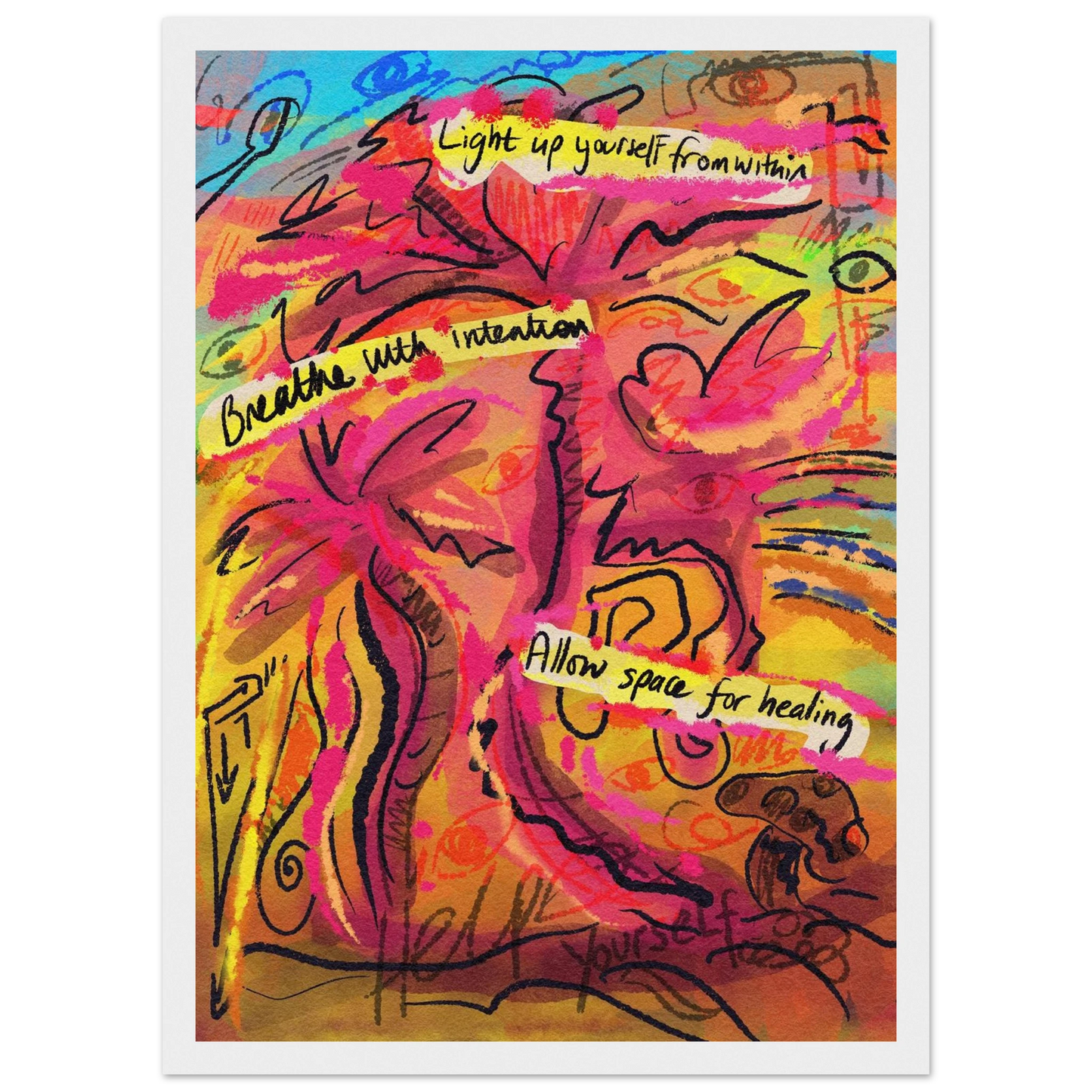 From Stillness framed abstract wall art A3 size by Fran Marcellin featuring healing contemplative design with wooden frame, ready to hang meditation space art