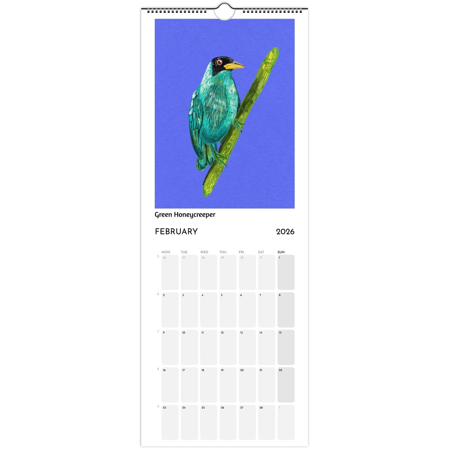 Bird Calendar 2026 showing Green Honeycreeper illustration