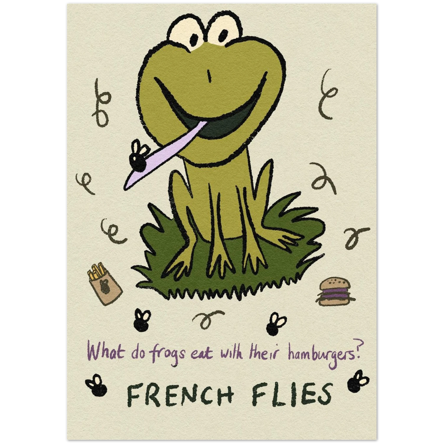 Mr Froggy French Flies funny birthday card pack featuring adorable frog with hilarious food pun, pack of 10 greeting cards with envelopes