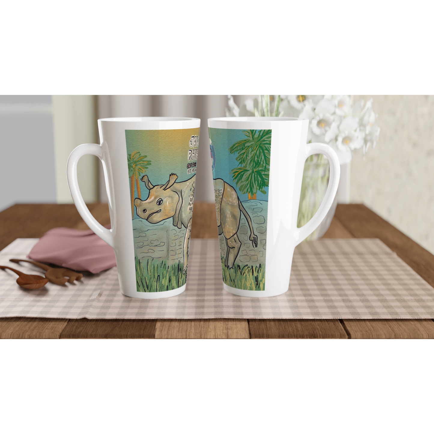 Javan rhino latte mug 17oz from Endangered Animals Collection featuring beautiful rhinoceros illustration, premium ceramic coffee mug for wildlife conservation supporters
