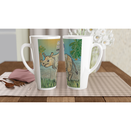 Javan rhino latte mug 17oz from Endangered Animals Collection featuring beautiful rhinoceros illustration, premium ceramic coffee mug for wildlife conservation supporters