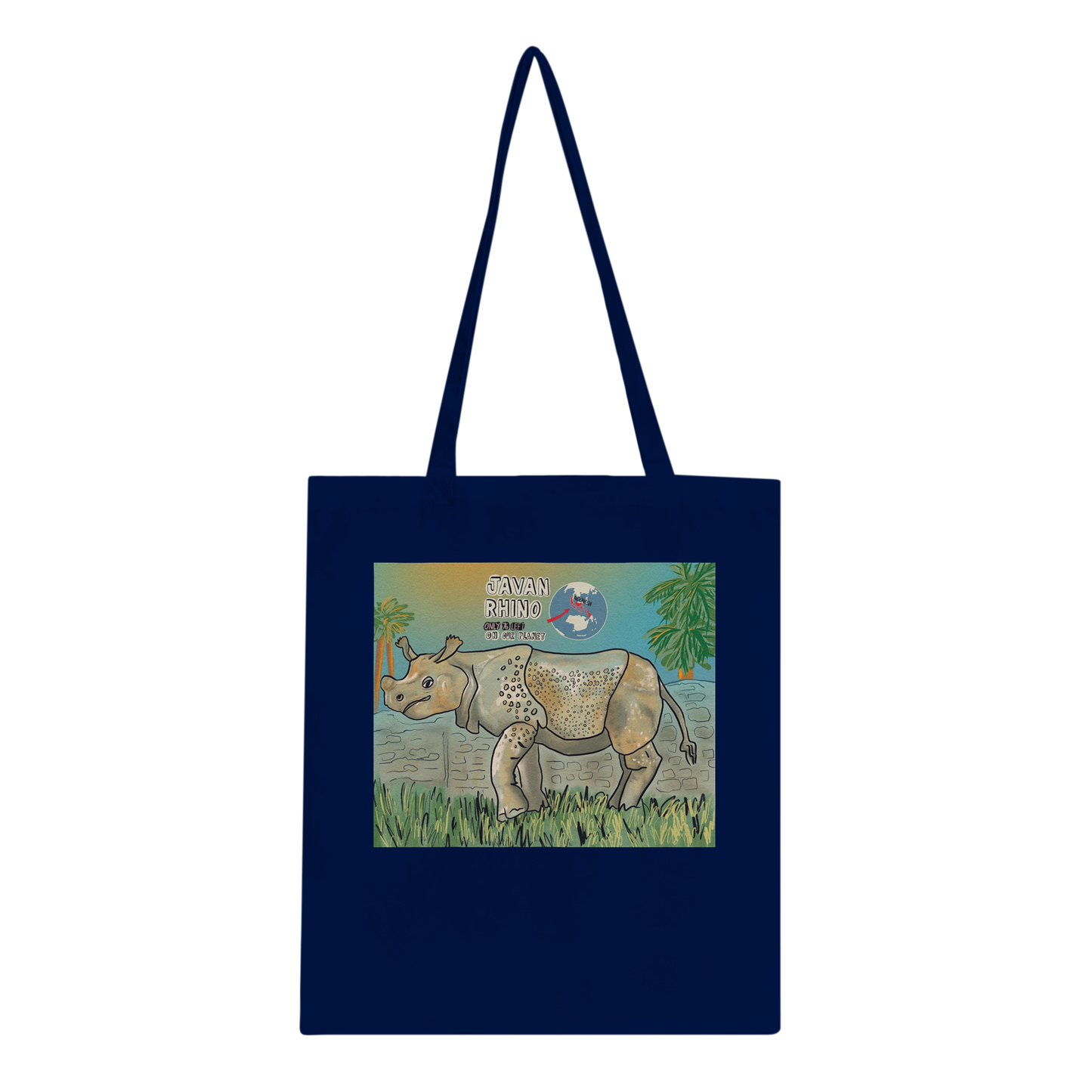 Javan rhino tote bag from Endangered Animals Collection featuring beautiful rhinoceros illustration, eco-friendly cotton bag for wildlife conservation supporters