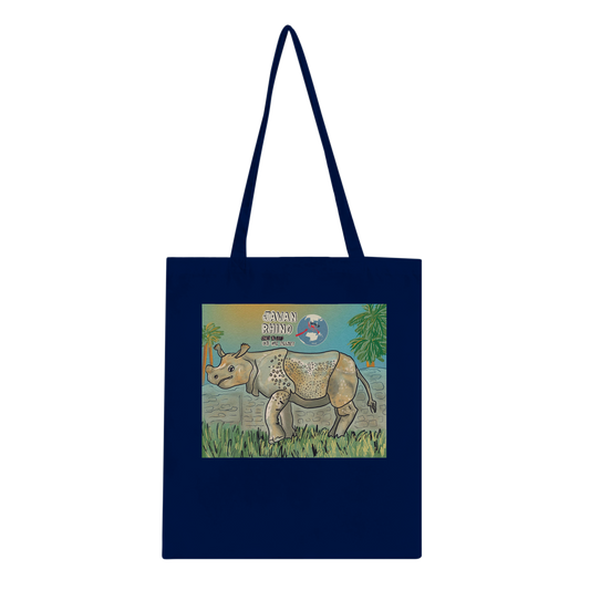 Javan rhino tote bag from Endangered Animals Collection featuring beautiful rhinoceros illustration, eco-friendly cotton bag for wildlife conservation supporters