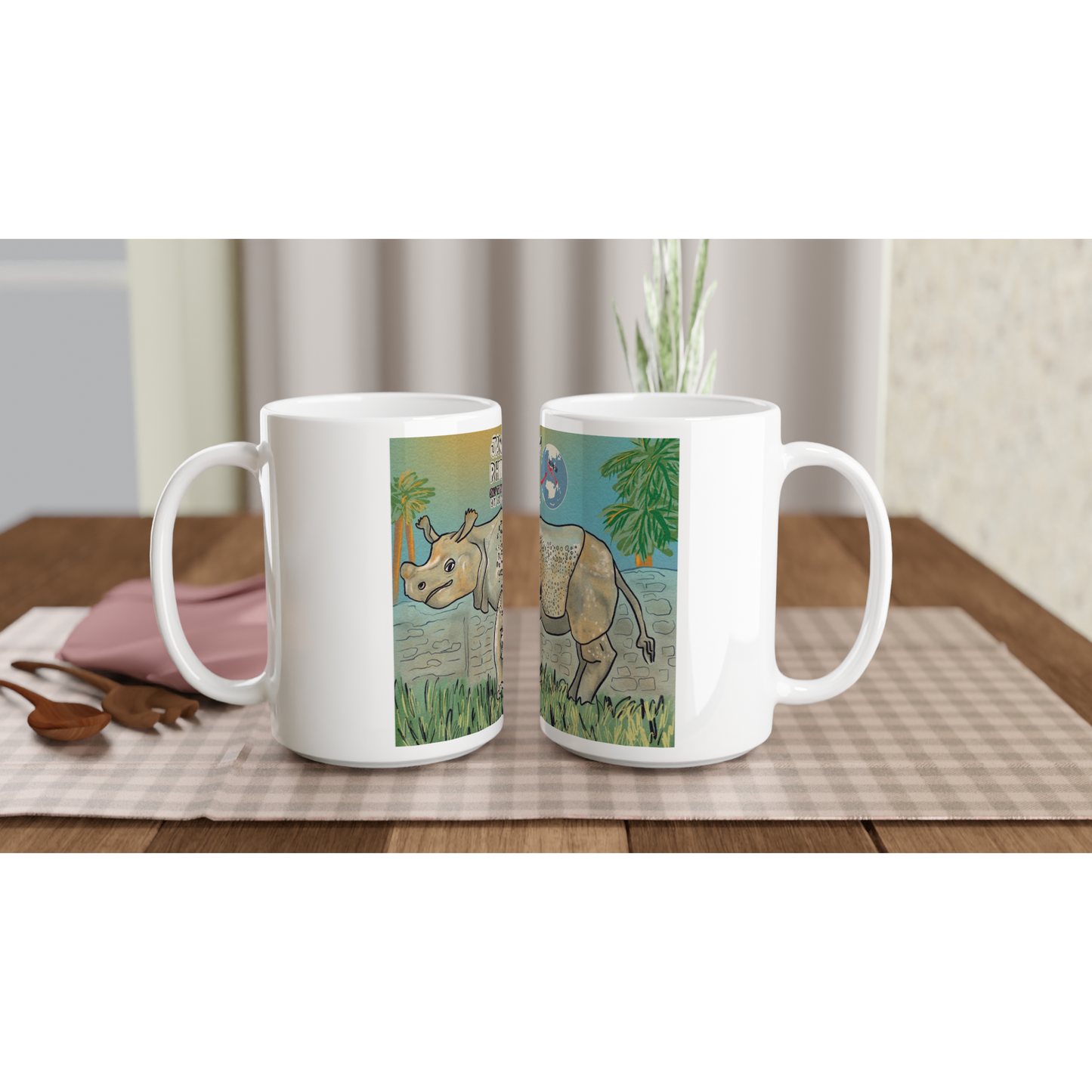 Javan rhino white ceramic mug 15oz from Endangered Animals Collection featuring beautiful rhinoceros illustration, premium coffee mug for wildlife conservation supporters