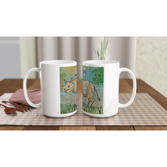 Javan rhino white ceramic mug 15oz from Endangered Animals Collection featuring beautiful rhinoceros illustration, premium coffee mug for wildlife conservation supporters