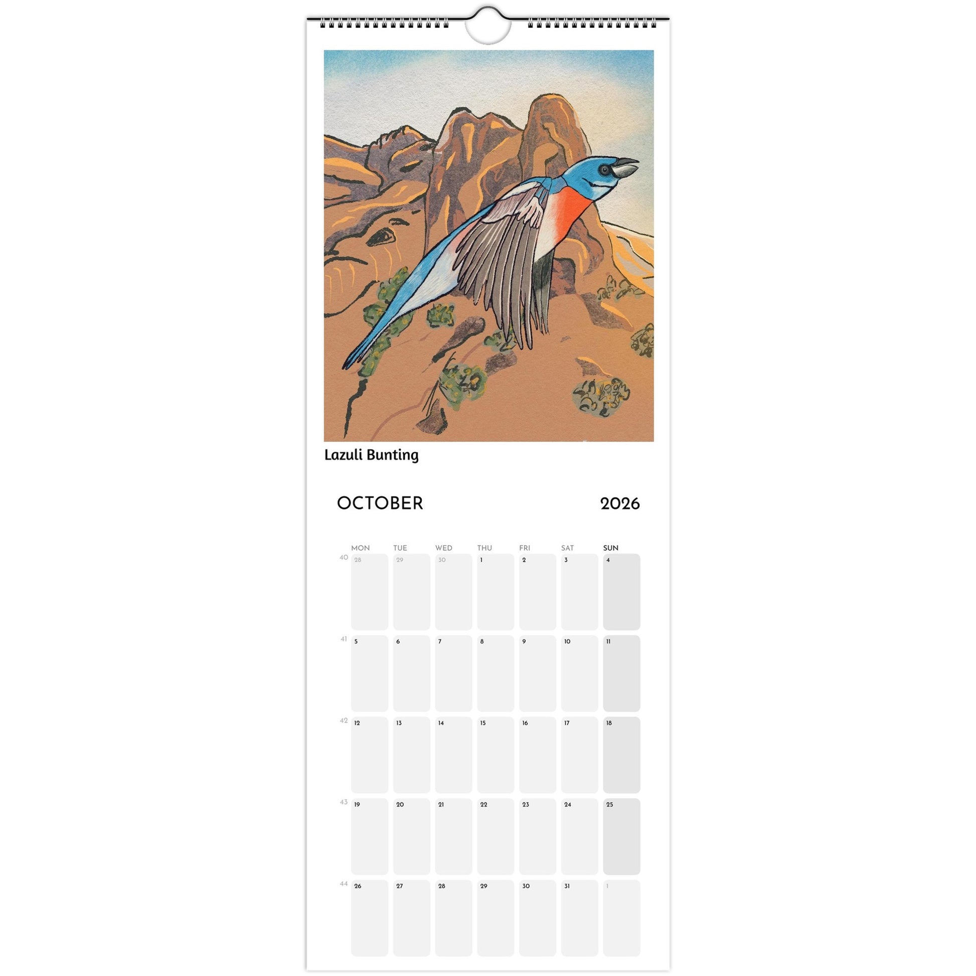 Bird Calendar 2026 showing Lazuli Bunting illustration