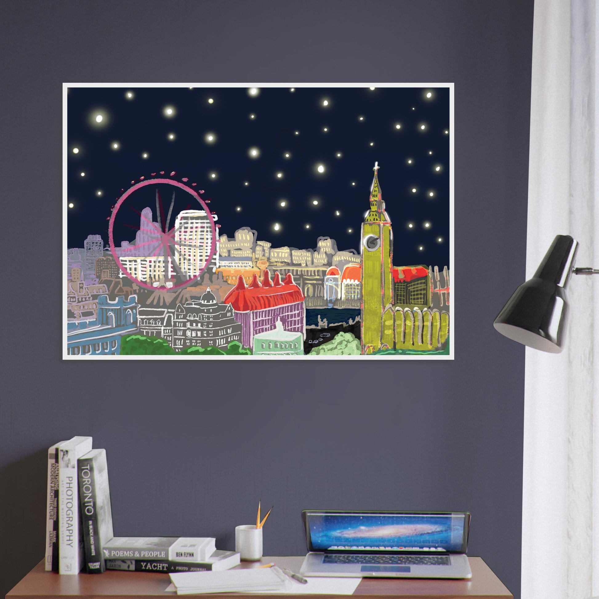 Starry London Skies art print showing iconic London landmarks under a magical starry night sky in wooden frame