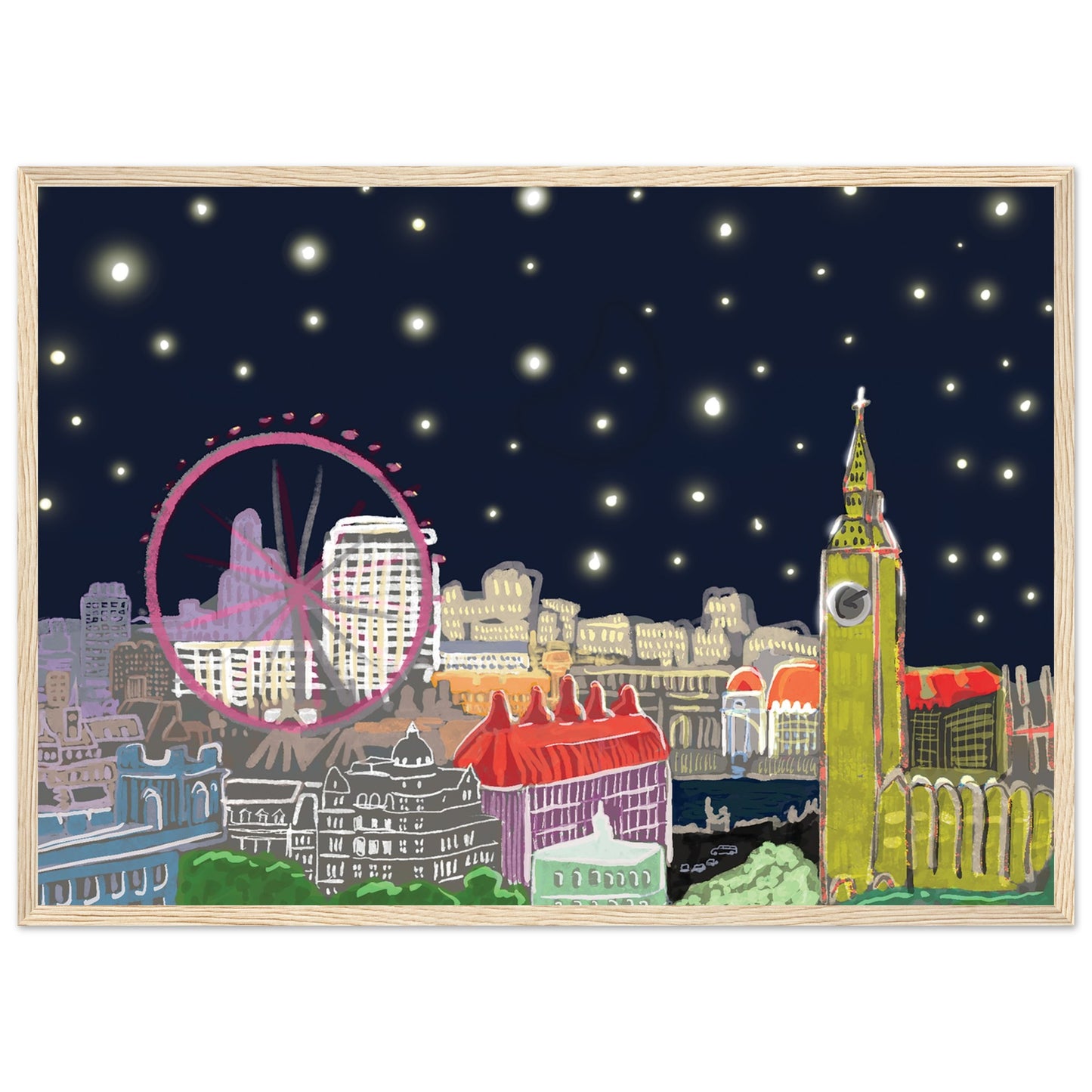 Starry London Skies art print showing iconic London landmarks under a magical starry night sky in wooden frame