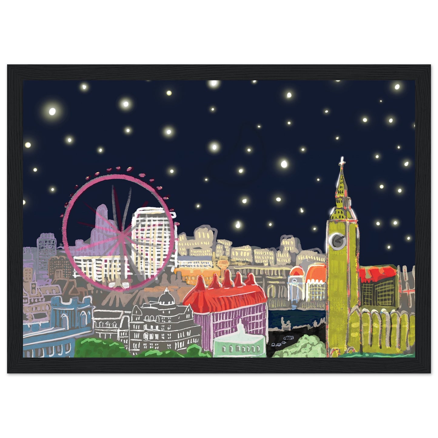 Starry London Skies art print showing iconic London landmarks under a magical starry night sky in wooden frame
