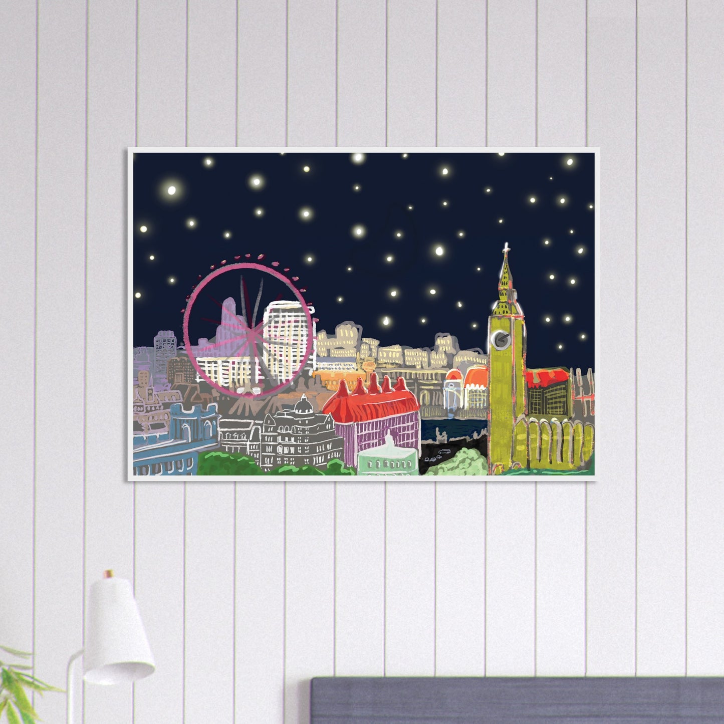 Starry London Skies art print showing iconic London landmarks under a magical starry night sky in wooden frame