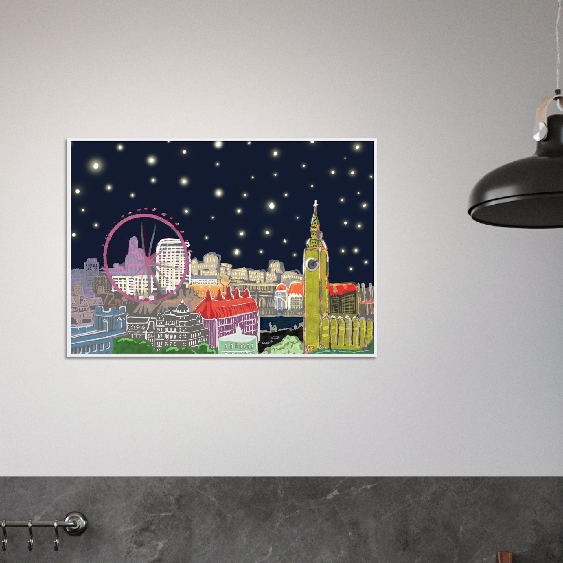 Starry London Skies art print showing iconic London landmarks under a magical starry night sky in wooden frame