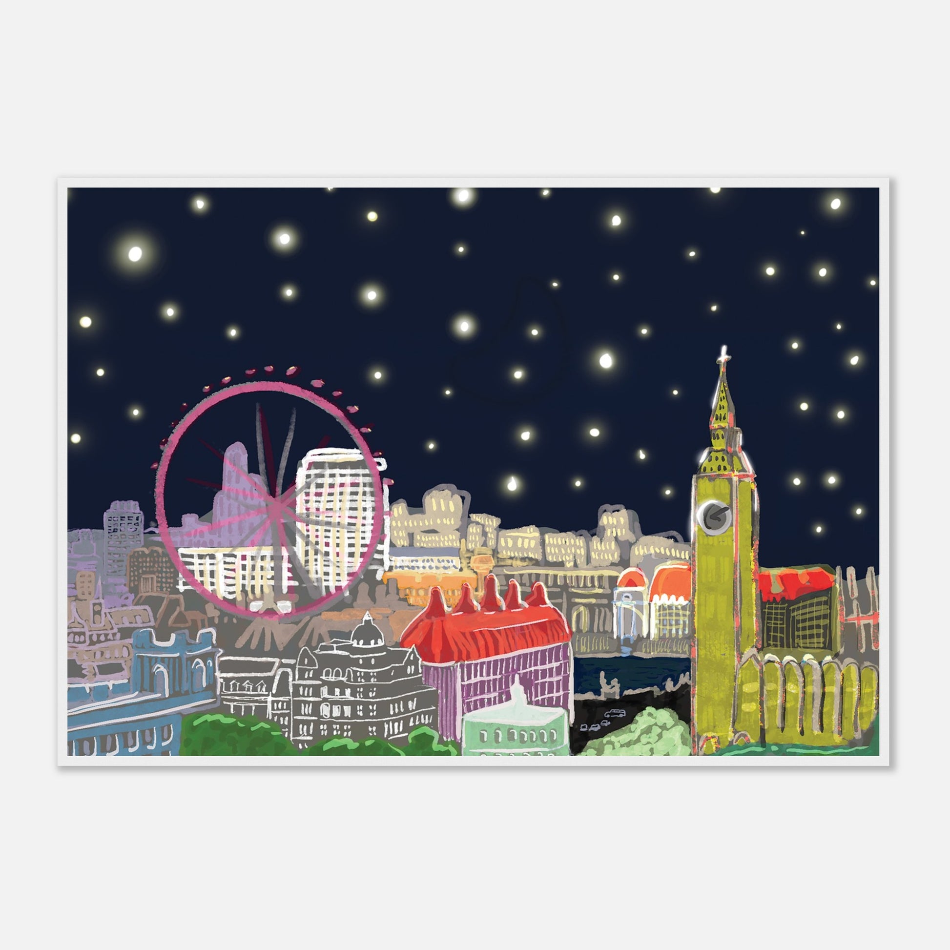 Starry London Skies art print showing iconic London landmarks under a magical starry night sky in wooden frame