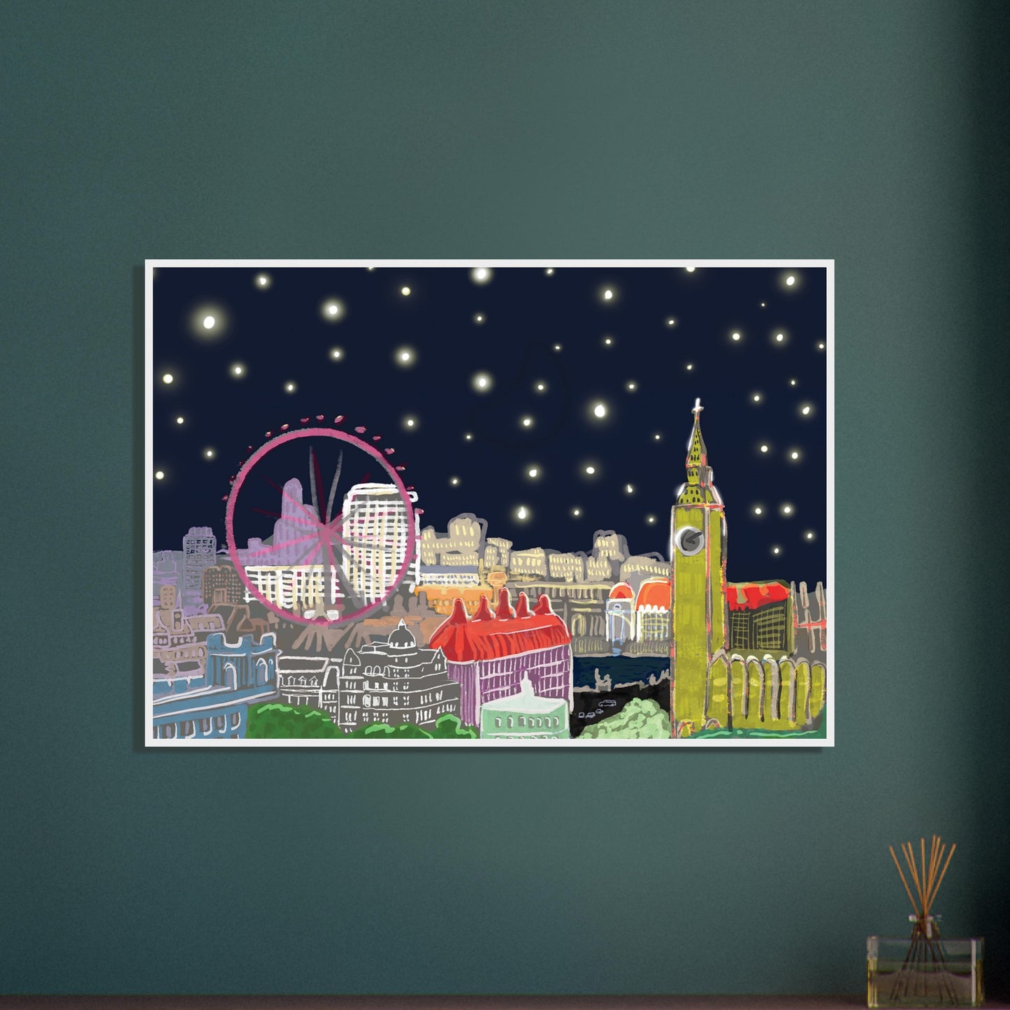 Starry London Skies art print showing iconic London landmarks under a magical starry night sky in wooden frame on teal wall