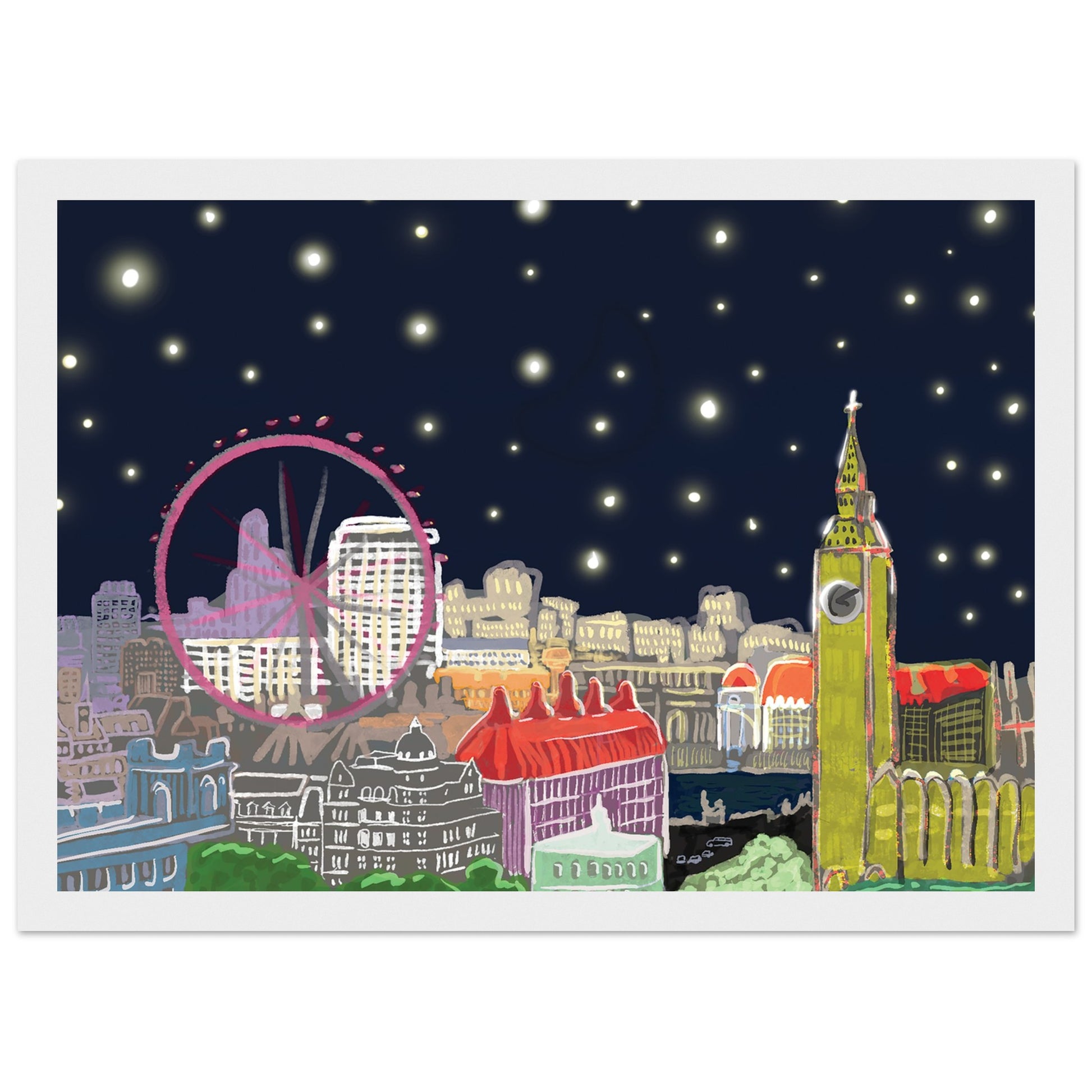 Starry London Skies art print showing iconic London landmarks under a magical starry night sky in wooden frame