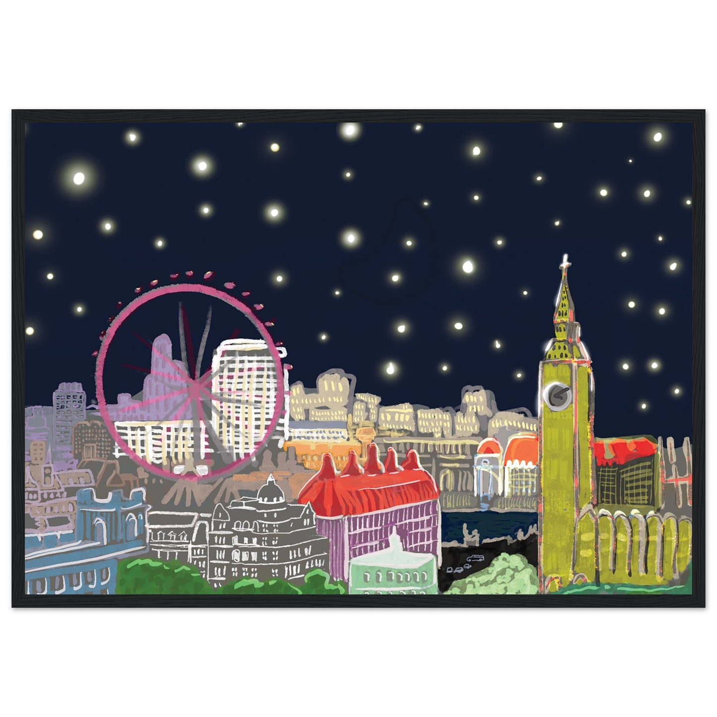 Starry London Skies art print showing iconic London landmarks under a magical starry night sky in wooden frame