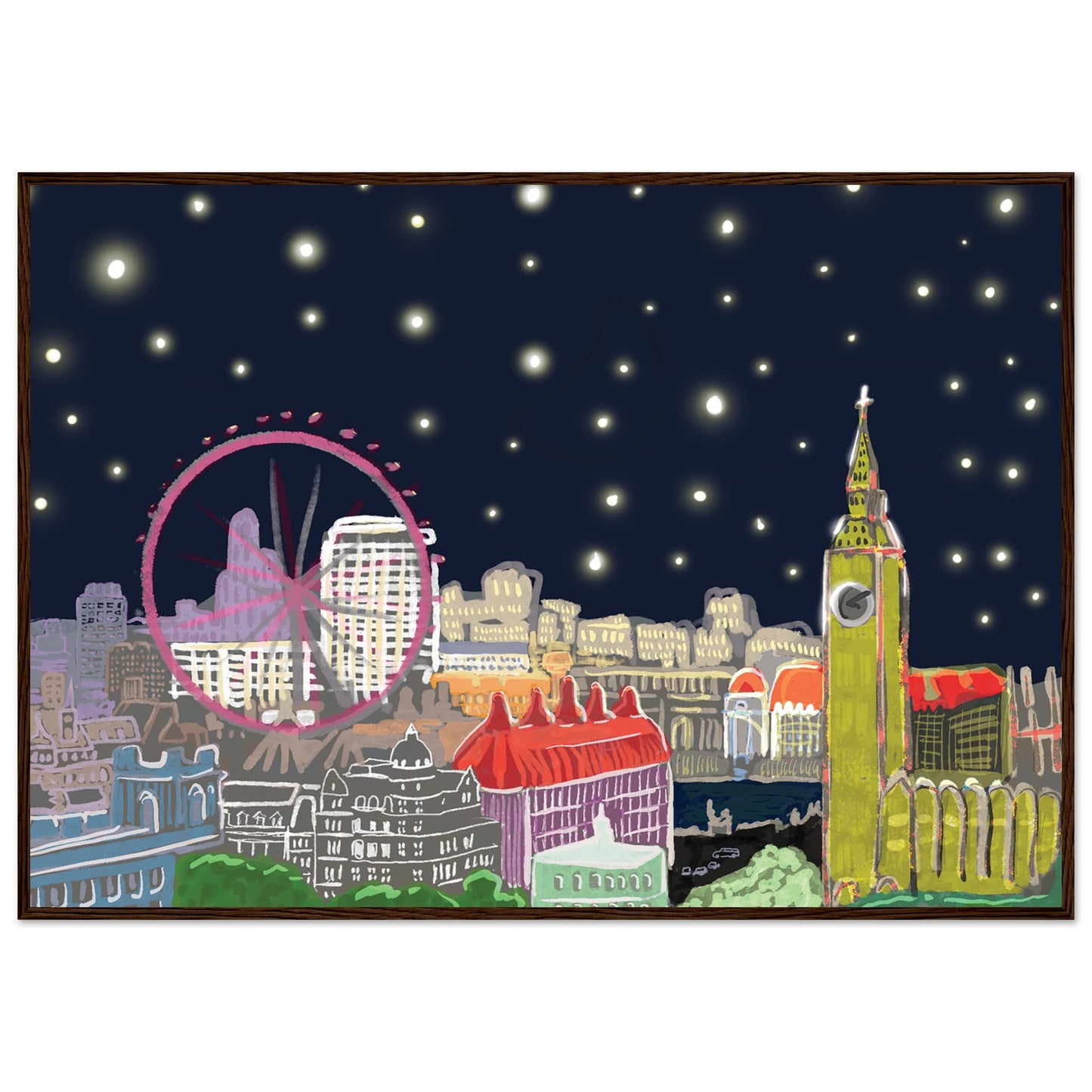 Starry London Skies art print showing iconic London landmarks under a magical starry night sky in wooden frame