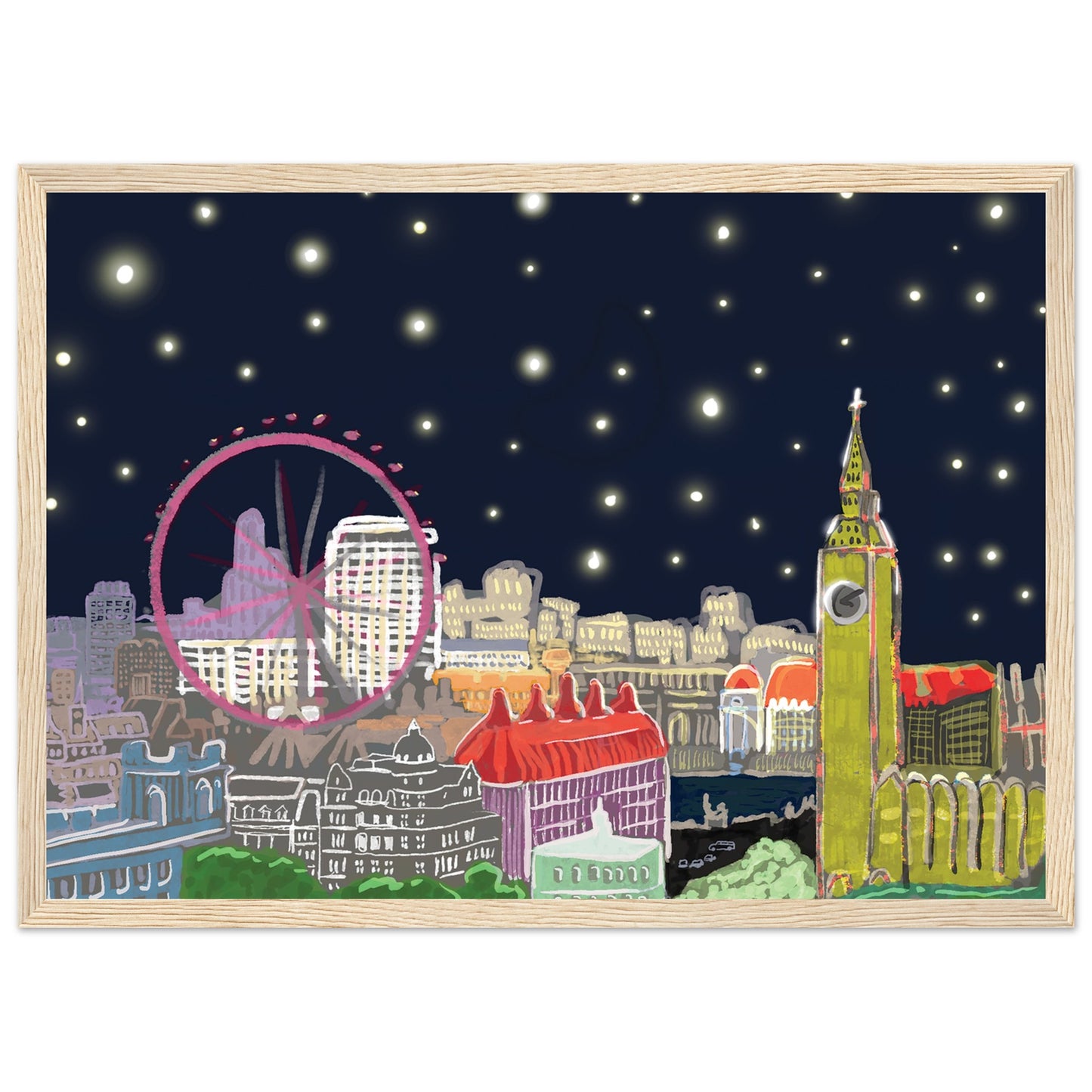 Starry London Skies art print showing iconic London landmarks under a magical starry night sky in wooden frame