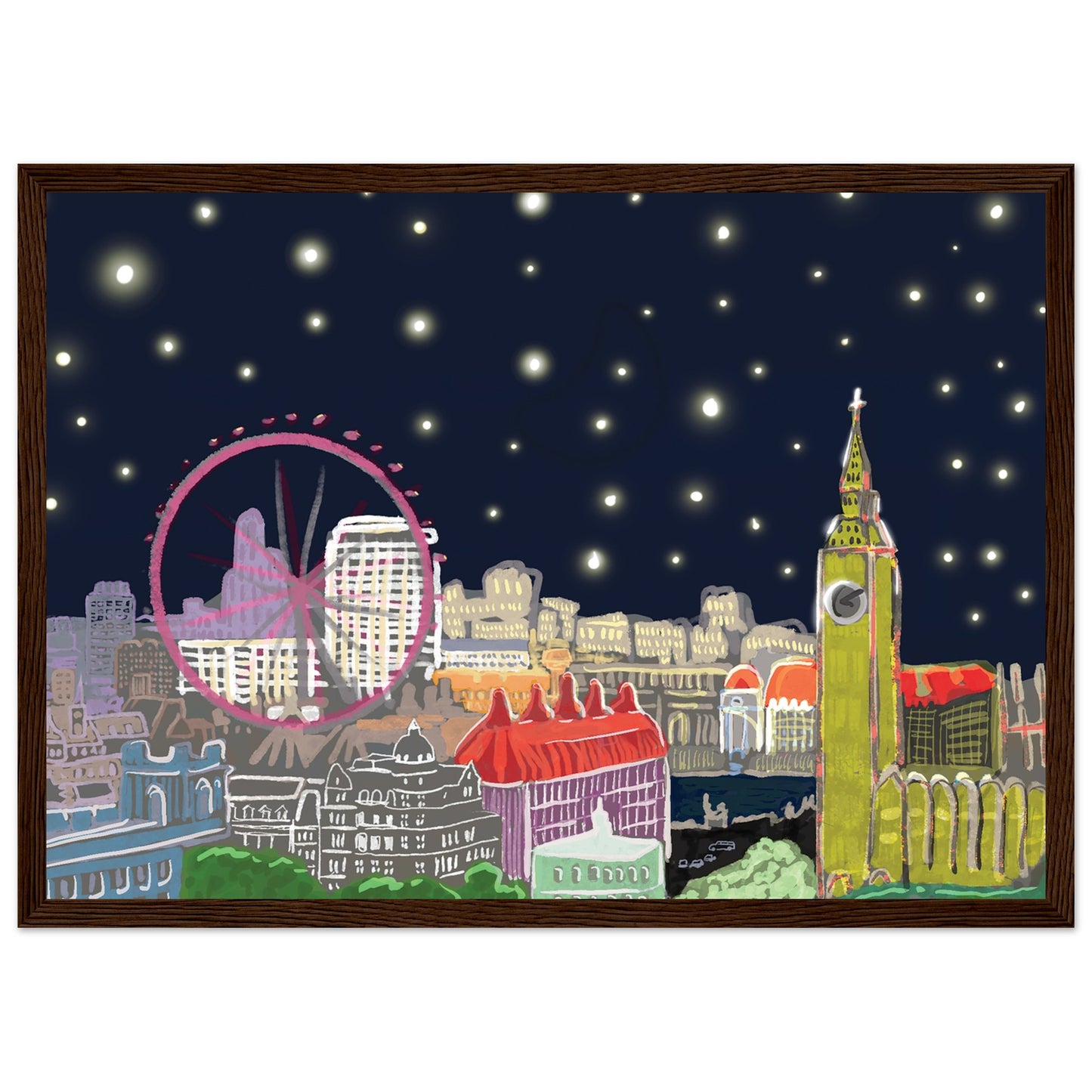 Starry London Skies art print showing iconic London landmarks under a magical starry night sky in wooden frame