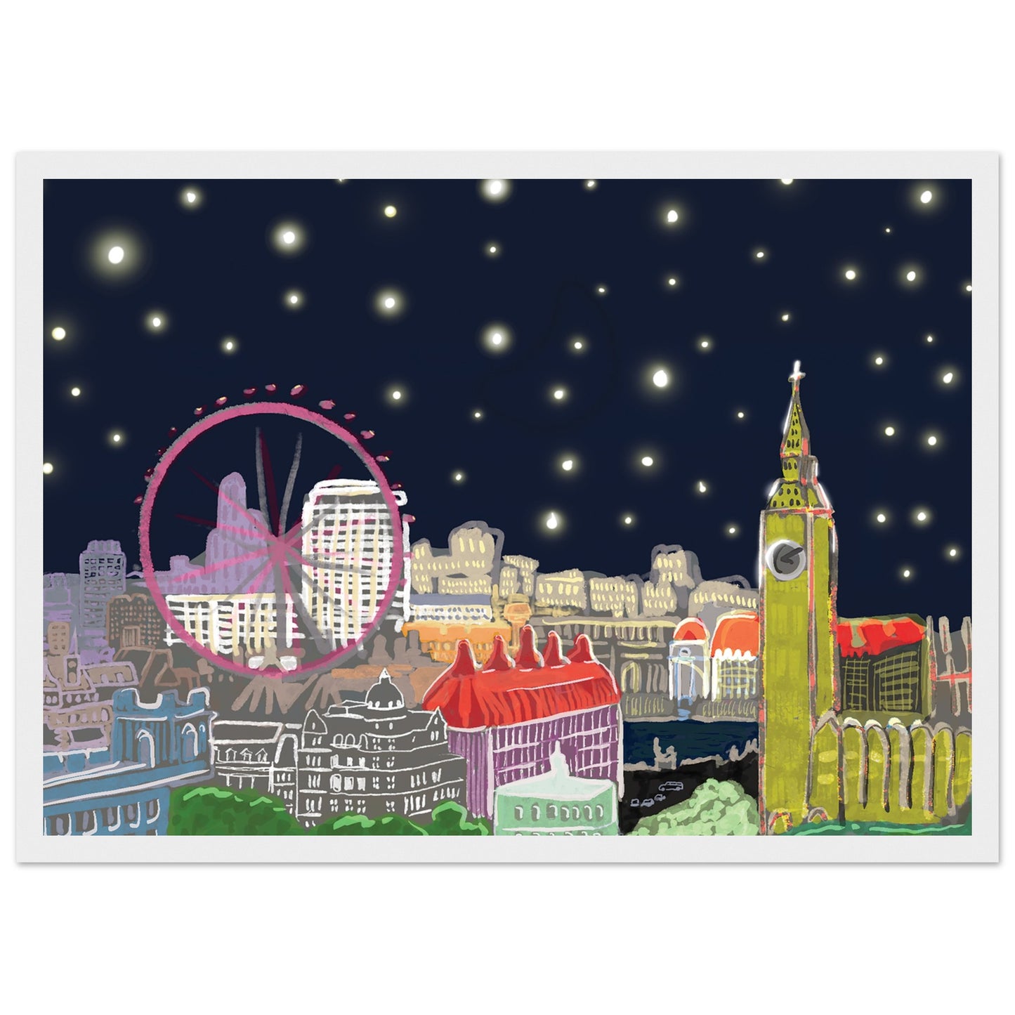 Starry London Skies art print showing iconic London landmarks under a magical starry night sky in wooden frame