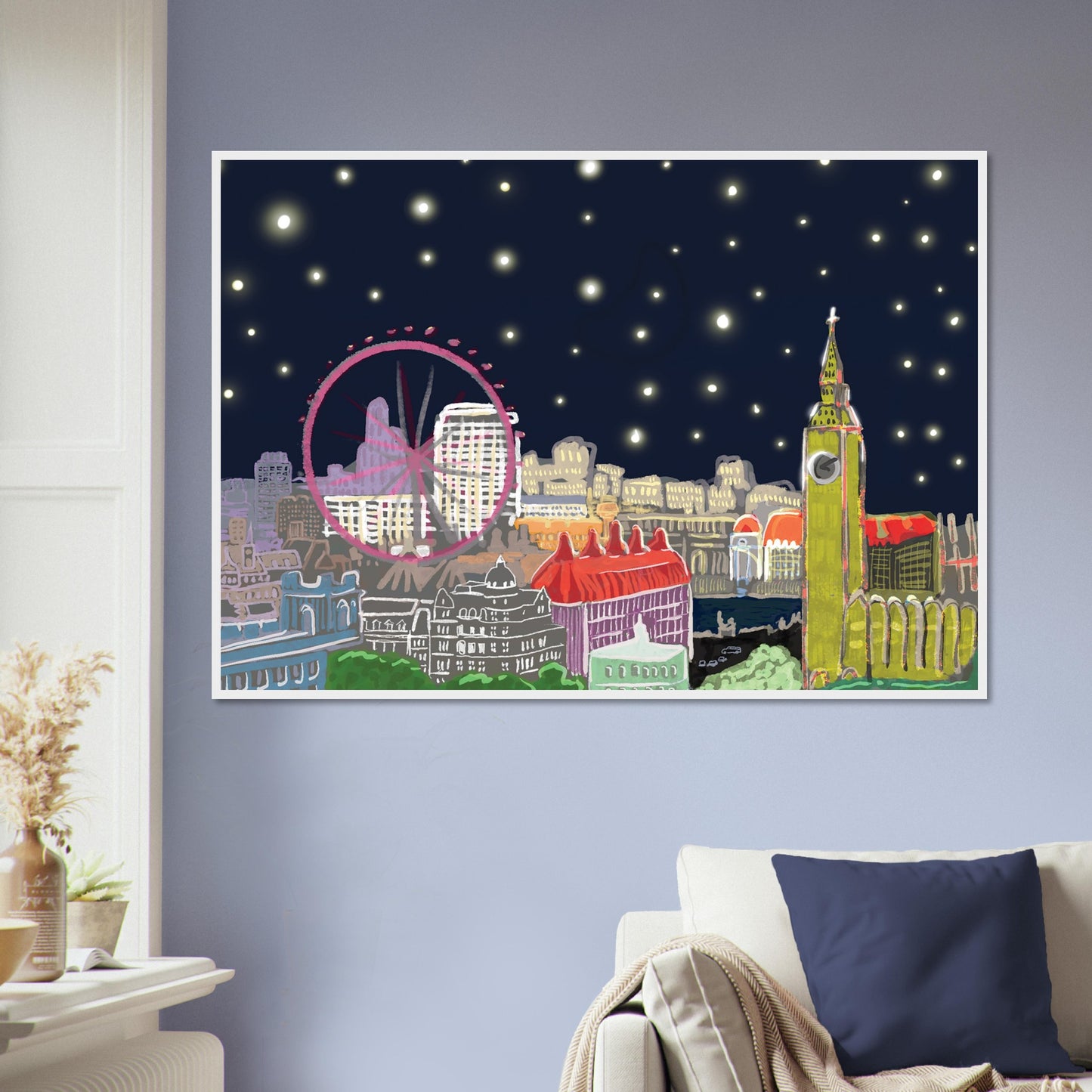 Starry London Skies art print showing iconic London landmarks under a magical starry night sky in wooden frame - on a lounge wall
