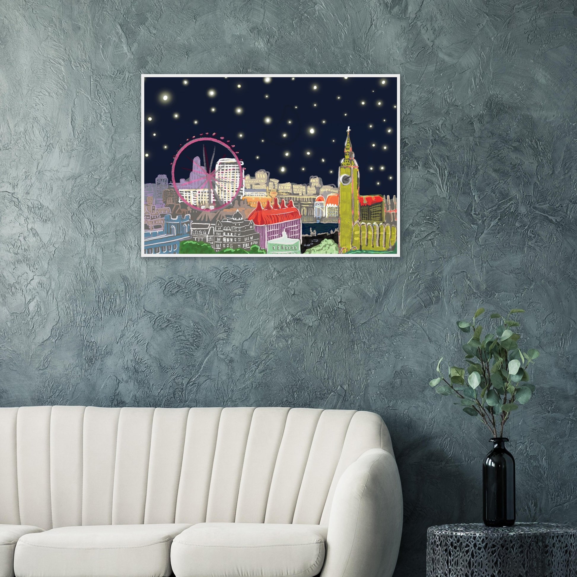 Starry London Skies art print showing iconic London landmarks under a magical starry night sky in wooden frame - on grey textured lounge wall