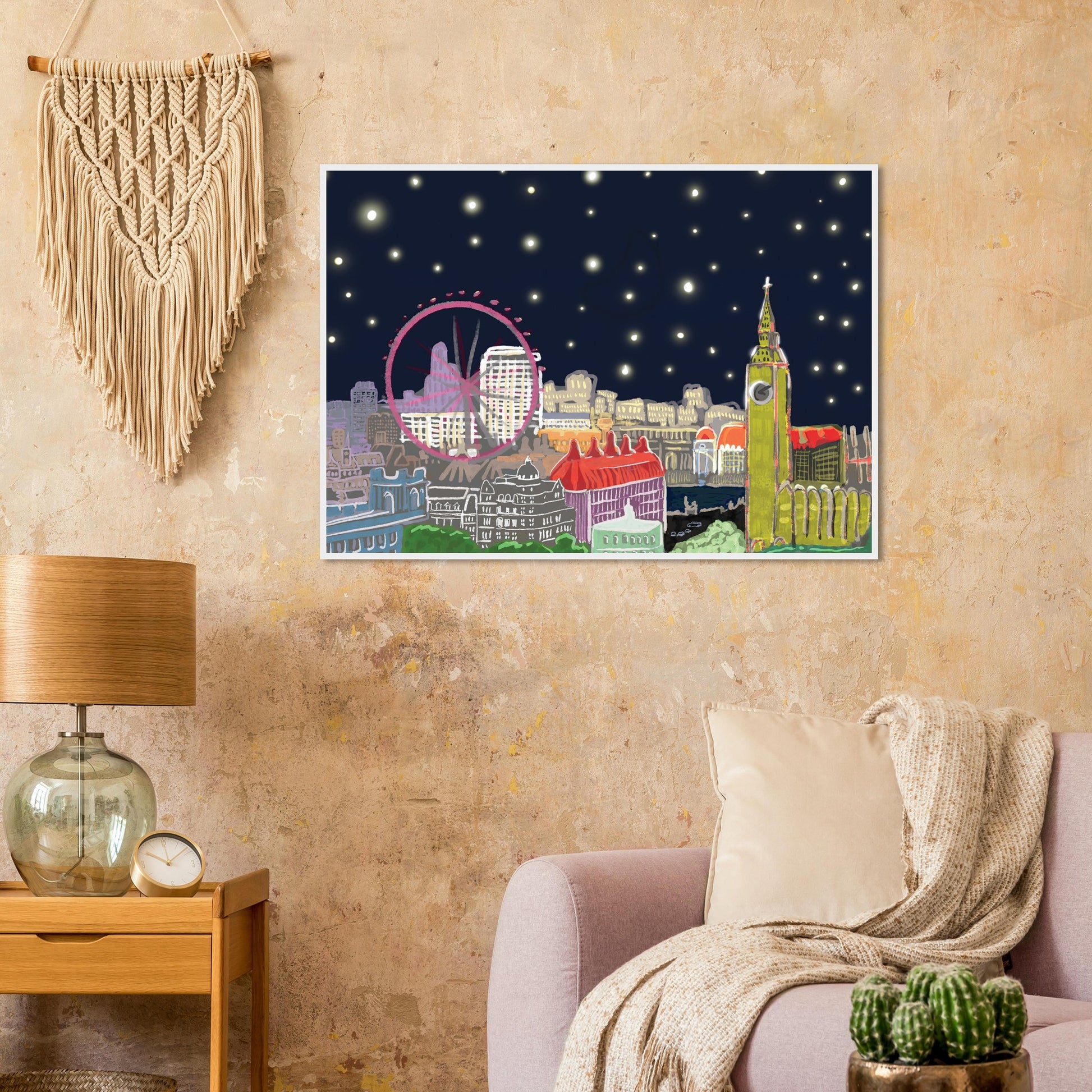 Starry London Skies art print showing iconic London landmarks under a magical starry night sky in wooden frame on textured lounge wall