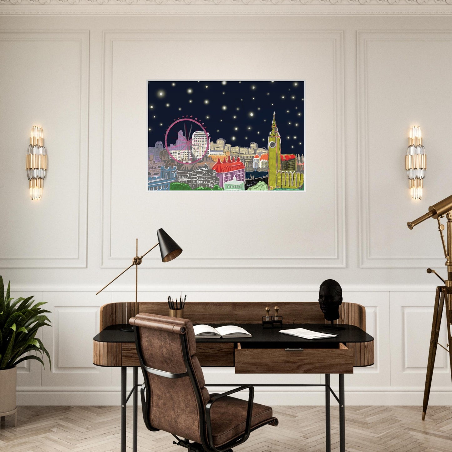 Starry London Skies art print showing iconic London landmarks under a magical starry night sky in wooden frame - on an elegant office wall