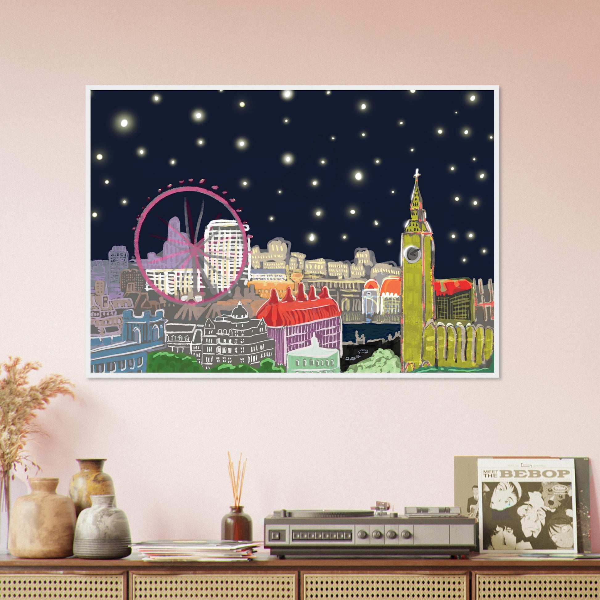Starry London Skies art print showing iconic London landmarks under a magical starry night sky in wooden frame
