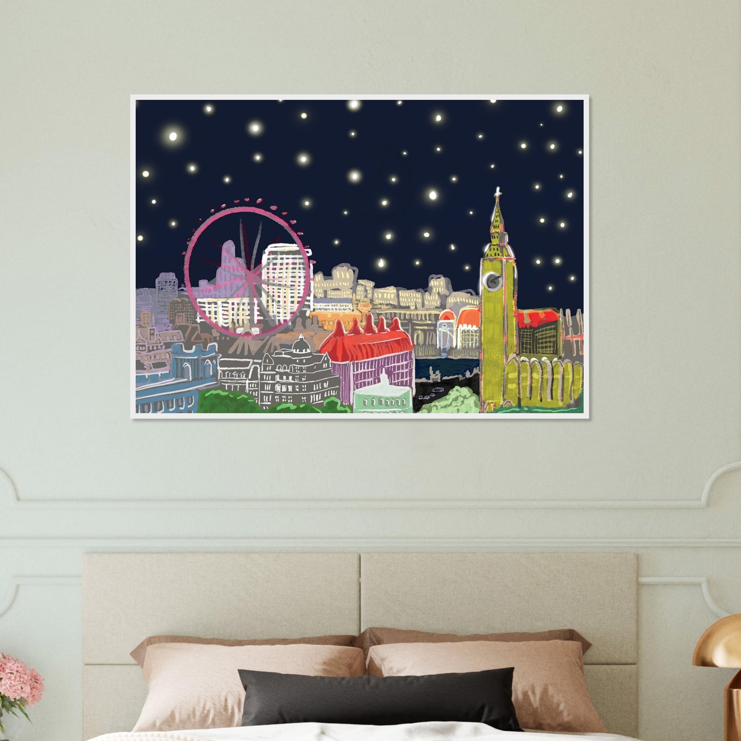 Starry London Skies art print showing iconic London landmarks under a magical starry night sky in wooden frame on bedroom wall
