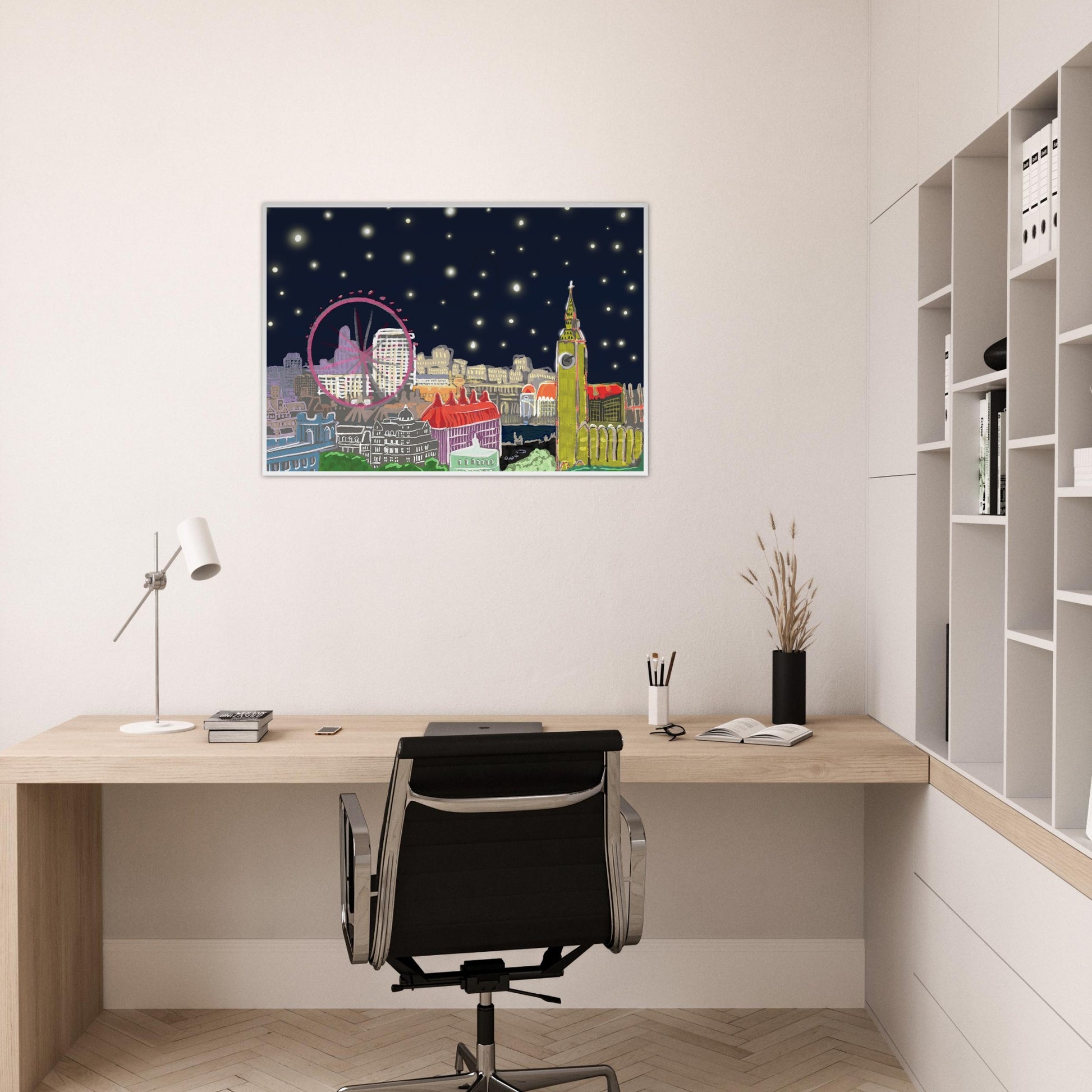 Starry London Skies art print showing iconic London landmarks under a magical starry night sky in wooden frame on office wall