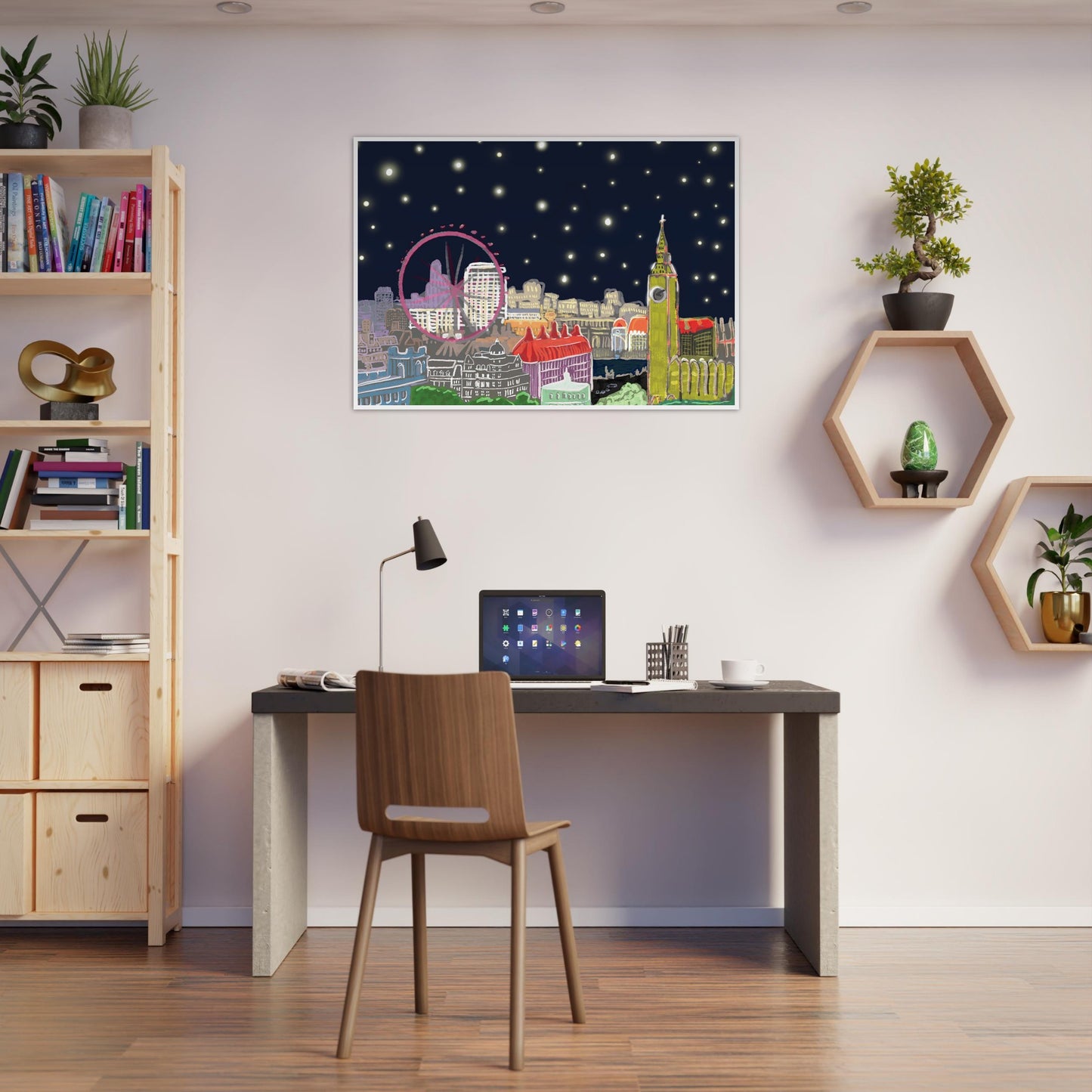 Starry London Skies art print showing iconic London landmarks under a magical starry night sky in wooden frame