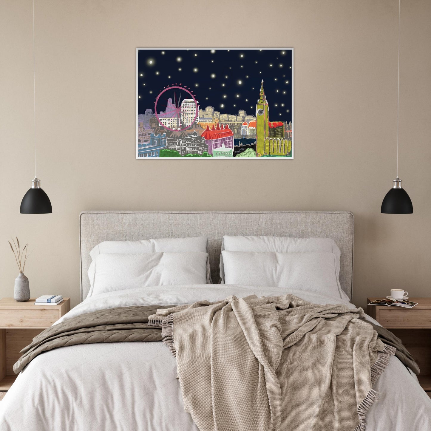 Starry London Skies art print showing iconic London landmarks under a magical starry night sky in wooden frame - on a bedroom wall