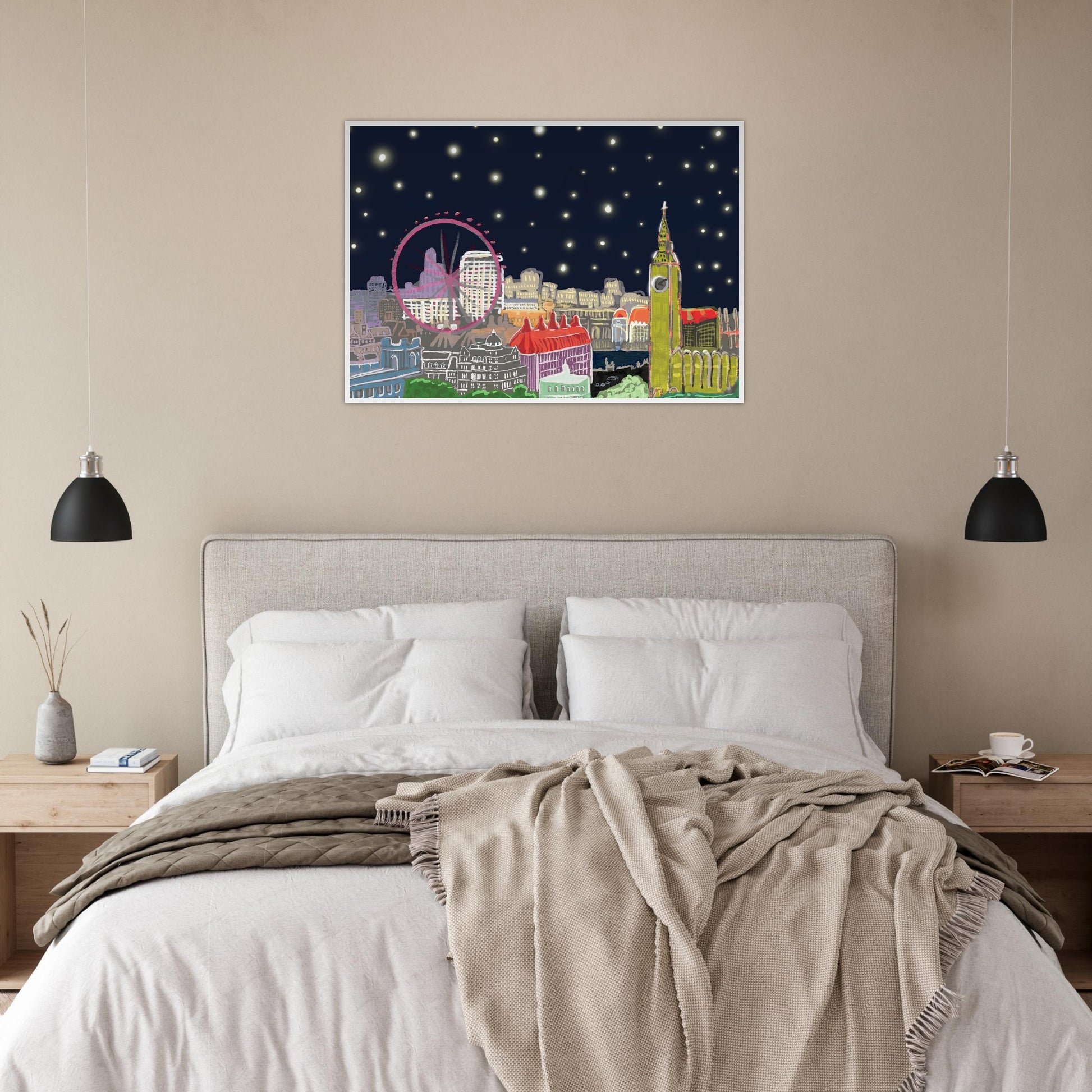 Starry London Skies art print showing iconic London landmarks under a magical starry night sky in wooden frame - on a bedroom wall