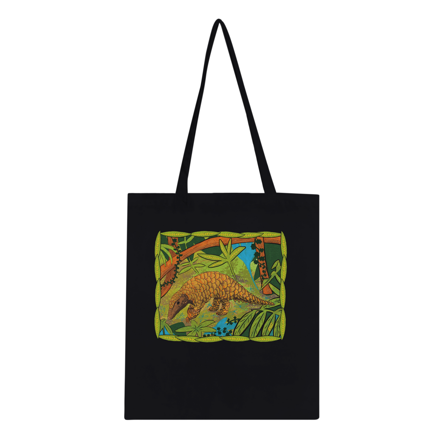 Reusable shopping bag - black - with pangolin design for wildlife conservation