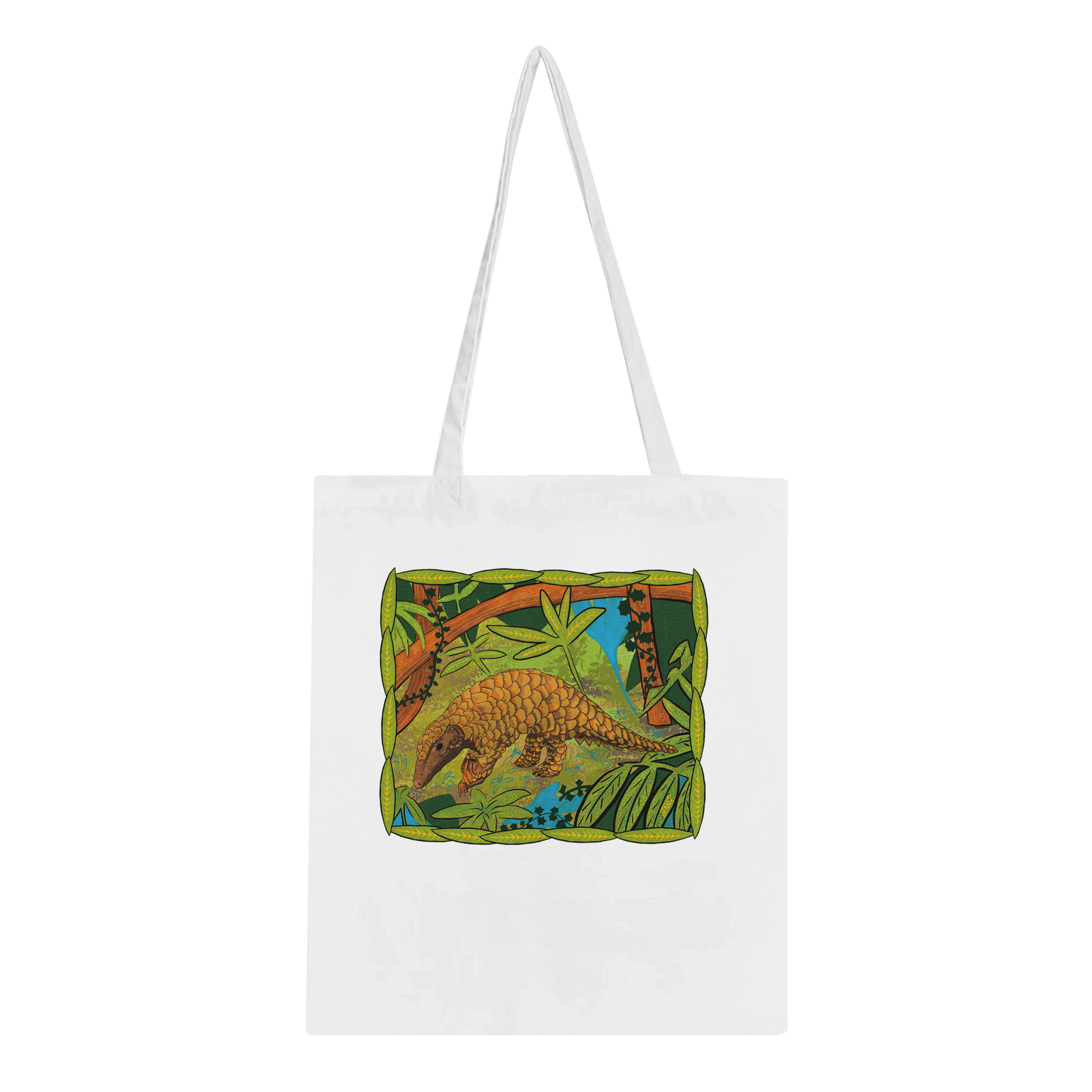 Reusable shopping bag - white - with pangolin design for wildlife conservation