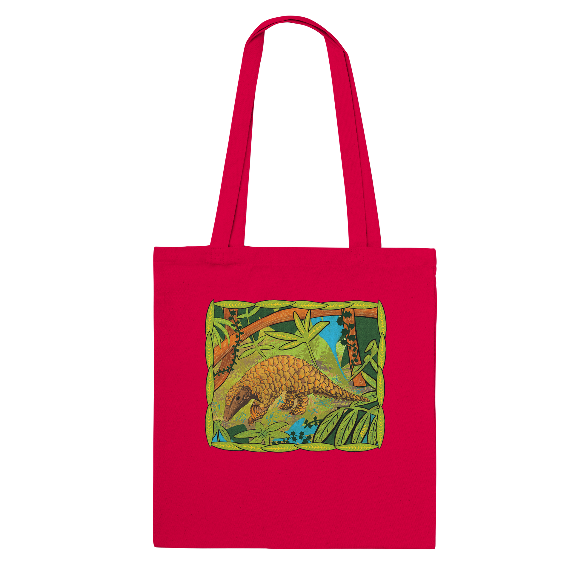 Reusable shopping bag - red - with pangolin design for wildlife conservation