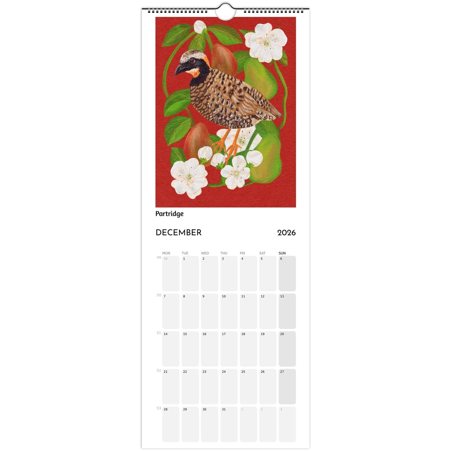 Bird Calendar 2026 showing Christmas Partridge illustration