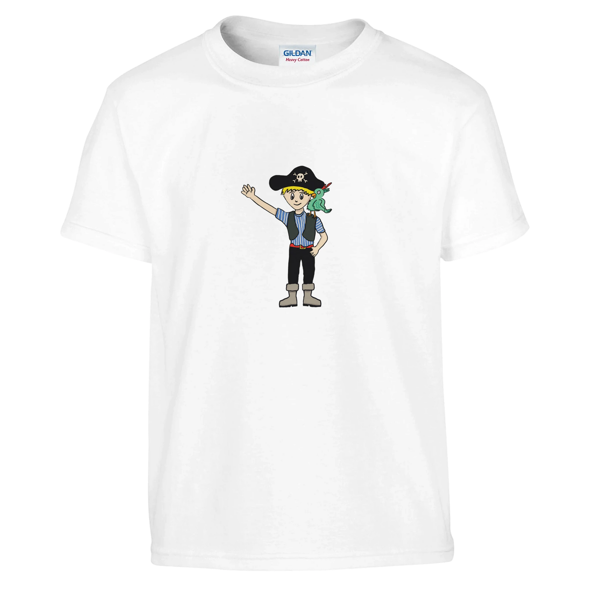 White Crewneck with Cartoon Pirate and Parrot Design