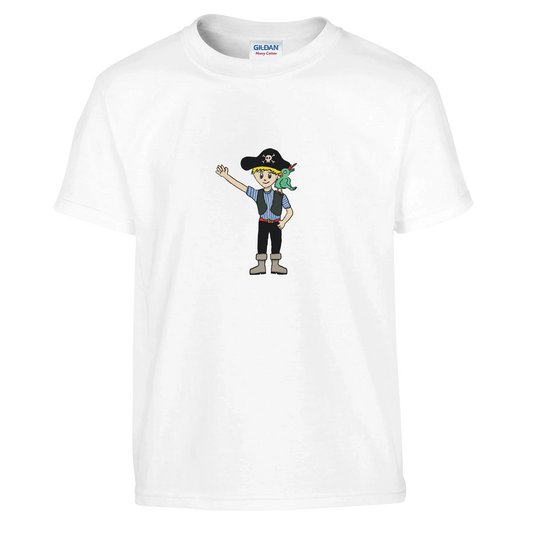 White Crewneck with Cartoon Pirate and Parrot Design