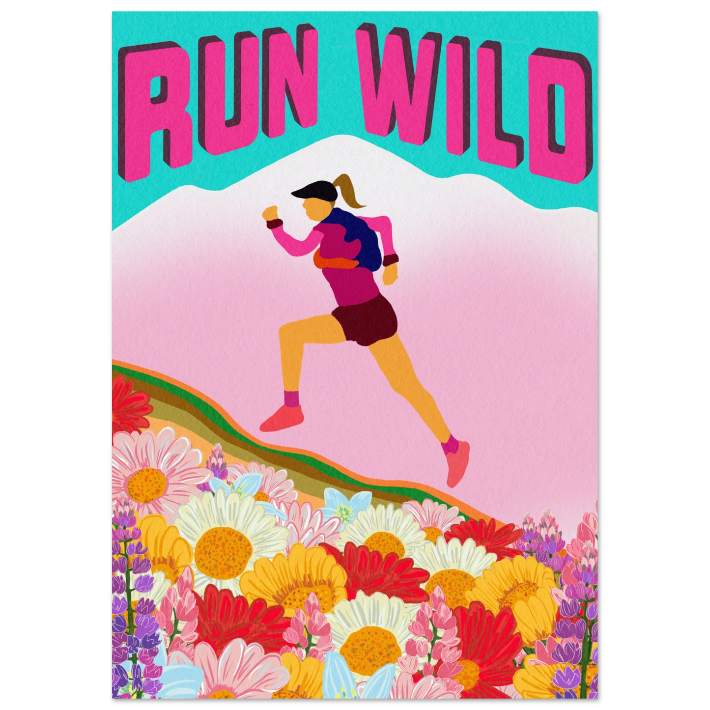 Run Wild fine art print featuring inspiring trail running mountain landscape, perfect motivational poster for runners and outdoor enthusiasts